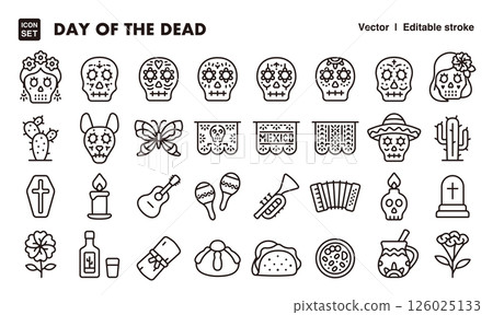 Mexican Day of the Dead icon illustration set EPS version can be edited such as line thickness Mexican Day of the Dead icon illustration set EPS version can be edited such as line thickness 126025133