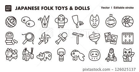 日本傳統玩具和娃娃的圖標插圖集。 EPS 版本可以進行編輯以變更線條粗細等。 日本傳統玩具和娃娃的圖標插圖集。 EPS 版本可以進行編輯以變更線條粗細等。 126025137
