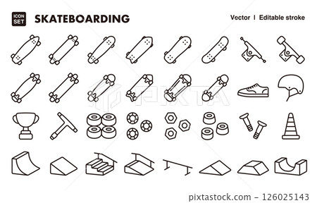 Skateboarding icon illustration set EPS version can be edited to change line thickness etc. 126025143