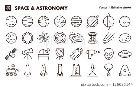 太空和天文學圖示插圖集 EPS 版本可以編輯以更改線條粗細等。 126025144