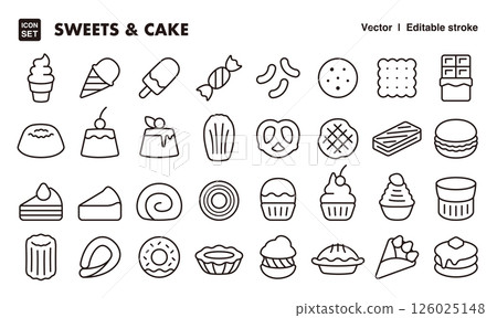 Sweets and cake icon illustration set EPS version can be edited to change line thickness etc. Sweets and cake icon illustration set EPS version can be edited to change line thickness etc. 126025148