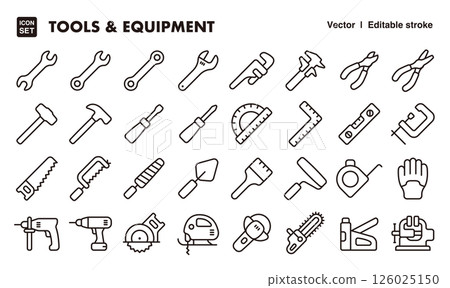 工具圖示插圖集EPS版本可以編輯以更改線條粗細等。 126025150