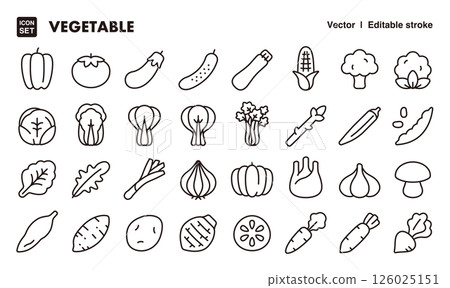 蔬菜圖示插圖集EPS版本可以編輯以更改線條粗細等。 126025151