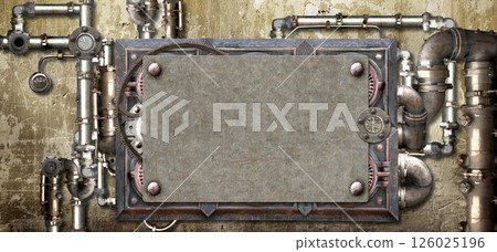 Metallic frame with vintage metal details, pipelines, gear, retro rivets on old stucco wall background. Mock up template. Copy space for text. Can be used for steampunk, industrial, mechanical design 126025196