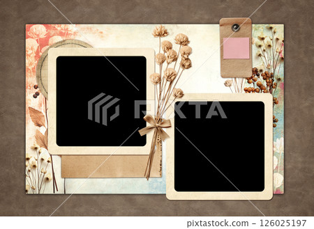 Nostalgic scrapbooking banner with moodboard pictures for scrapbooking. Retro background with paper texture, dry pressed leaves, flowers, linen bow and frame photo. Vintage style mood board layout 126025197