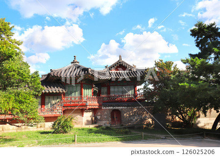 Ancient pavilion in Secret garden Huwon, Changdeokgung Palace complex, Seoul, South Korea. Colourful pavilion in Changdeokgung Palace. Topic of vacation, travel, trip abroad, cruises and tours 126025206