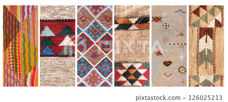 Set of vertical or horizontal banners with textures of berber traditional wool carpet with geometric pattern, Morocco, Africa. Handmade carpets collection Set of vertical or horizontal banners with textures of berber traditional wool carpet with geometric pattern, Morocco, Africa. Handmade carpets collection 126025213