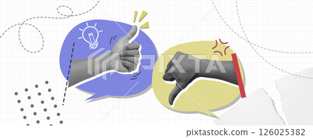 closeup of arm showing thumb up and thumb down gesture that symbolizes an agree, disagree inside speech bubble that symbolizes an Voting Rights. collage style 126025382