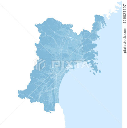 A light blue satellite photo style illustration of Miyagi prefecture in Japan 126025397