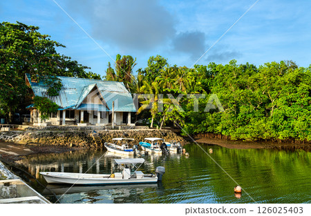 Small fishing boats are moored along a quiet shore near a tin-roofed coastal house in Koror, Palau, framed by calm waters and lush tropical greenery in the early morning light. 126025403