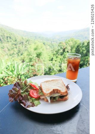 ham and cheese sandwichor egg sandwich with salad and orange black coffee 126025426