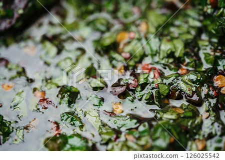 High angle view of fresh chimichurri sauce with herbs and olive oil. 126025542