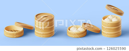 Chinese bamboo steamer set. Empty wooden basket and stack full of baozi, dumpling, dim sum, bun bao, steam bread. Realistic 3d render mockup of kitchen utensil for cooking asian food. 3D illustration 126025590