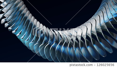 Dark blue 3d background with row of glass transparent circle twist plate shapes. Abstract crystal light holographic gradient curve wave pattern. Futuristic digital tech, motion effect. 3D illustration 126025656