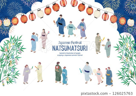 人們享受夏日節日的等距插圖 126025763