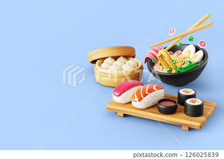 Asian food 3d background. Ramen noodle soup in bowl with sticks, sushi on wood tray, baozi in bamboo steamer meal render. Chinese, korean and japanese cuisine dishes, restaurant menu. 3D illustration Asian food 3d background. Ramen noodle soup in bowl with sticks, sushi on wood tray, baozi in bamboo steamer meal render. Chinese, korean and japanese cuisine dishes, restaurant menu. 3D illustration 126025839