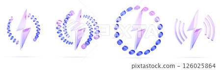 3d glass holographic wireless charging icon set with lightning bolt signs. Battery power indicators with circle, wave and dot patterns. Electric car or mobile phone charge symbols. 3D illustration 3d glass holographic wireless charging icon set with lightning bolt signs. Battery power indicators with circle, wave and dot patterns. Electric car or mobile phone charge symbols. 3D illustration 126025864