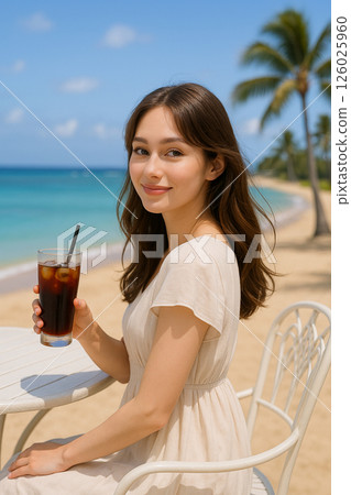 Smiling woman enjoying iced coffee at beach cafe Smiling woman enjoying iced coffee at beach cafe 126025960