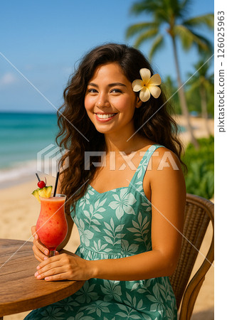 微笑的女人在夏威夷海灘上享用熱帶飲料，享受熱帶度假的氛圍 126025963