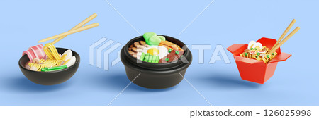 Korean food set with bibimbap and ramen soup meal icon render. Asian rice and noodle in restaurant bowl. Chinese wok or spicy pad thai in paper box, japanese cuisine cooked with egg. 3D illustration 126025998