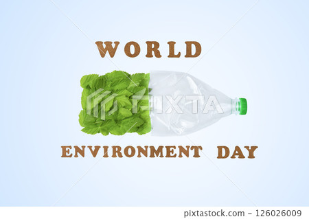 Plastic bottle and green leaves on a blue background. Beat plastic pollution. World Environment day concept. Happy Environment day, 05 June. Ecology concept. 126026009