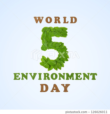 Beat plastic pollution. World Environment day concept. Happy Environment day, 05 June. Number 5 of green leaves on blue background. Beat plastic pollution. World Environment day concept. Happy Environment day, 05 June. Number 5 of green leaves on blue background. 126026011