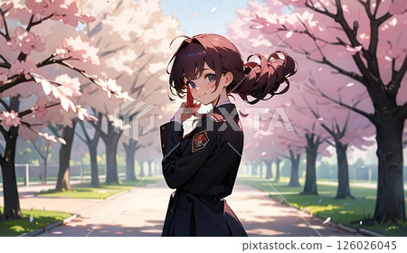 Cherry blossom trees, smiling schoolgirl in uniform Cherry blossom trees, smiling schoolgirl in uniform 126026045