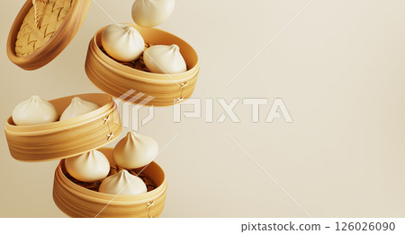 Chinese food 3d banner with baozi or bakpao in bamboo steamers. Steamed bread, bun bao, dumpling, dim sum in wooden basket. Cooked tradition asian street snack for breakfast or lunch. 3D illustration 126026090