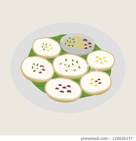 Thai dessert coconut rice pancake Khanom krok traditional sweet round shape green banana leaf white creamy topping chive garnish yellow corn red bean 126026137