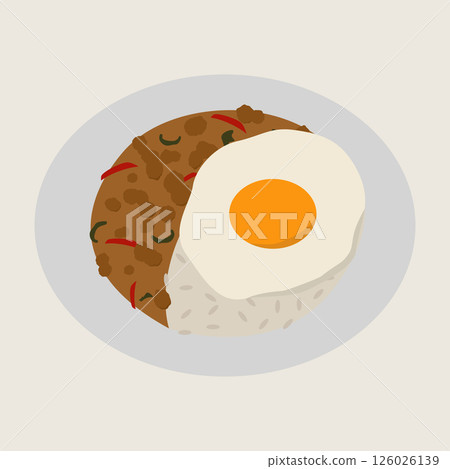 Stir fried basil pork jasmine rice fried egg Thai food spicy savory comfort meal white plate simple background delicious 126026139