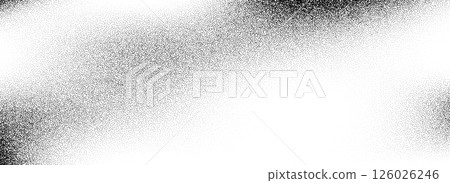 Stippled grain texture background. Black dotted noisy gradient wallpaper. Rough grungy sand dot backdrop. Vector gritty distressed speckle and grit particle overlay for poster, flyer, banner 126026246