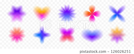 Colorful blurred gradient flowers and hearts collection. Bright blur aura shape set. Fading abstract elements for poster, template, badge, sticker, collage. Vector iridescent smooth form flower pack 126026251