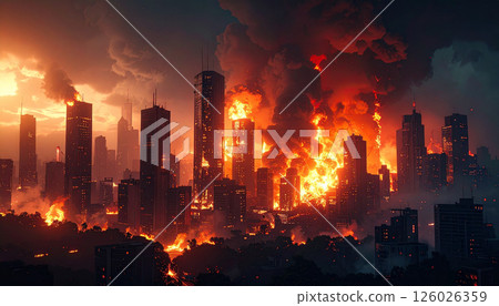 Image of fire in a big city (AI-generated image) 126026359