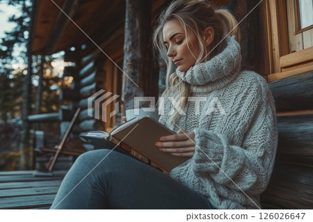 Freelancer enjoys morning routine with tea and notebook on cabin porch Freelancer enjoys morning routine with tea and notebook on cabin porch 126026647