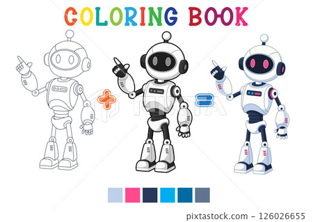 Cute white robot cartoon pointing at something in coloring book style 126026655
