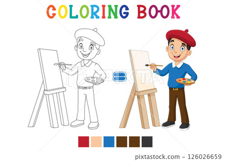 Cartoon of a painter painting a landscape in coloring book style Cartoon of a painter painting a landscape in coloring book style 126026659