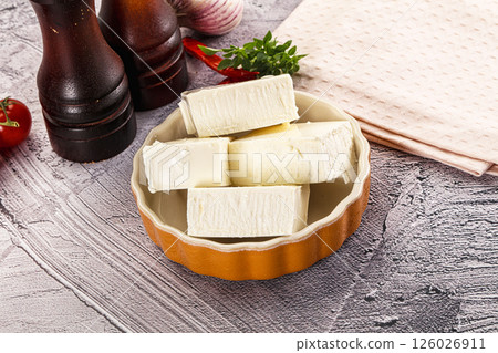 Greek traditional cuisine - Feta cheese 126026911