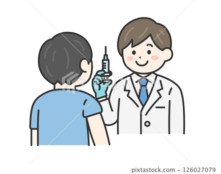 Illustration of a male doctor (line drawing color) giving a vaccination 126027079