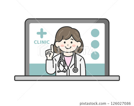 Illustration of a female doctor (line drawing color) wearing a stethoscope conducting online medical examination on a computer 126027086