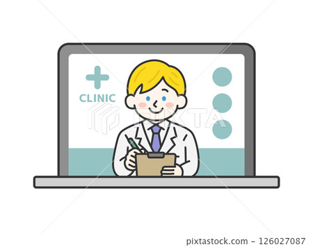 Illustration of a Caucasian male doctor (line drawing color) holding a medical record and conducting online medical examinations on a computer Illustration of a Caucasian male doctor (line drawing color) holding a medical record and conducting online medical examinations on a computer 126027087