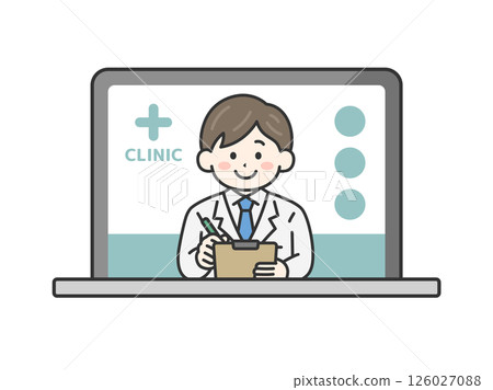 Illustration of a male doctor (line drawing color) holding a medical record and conducting online medical examinations on a computer 126027088