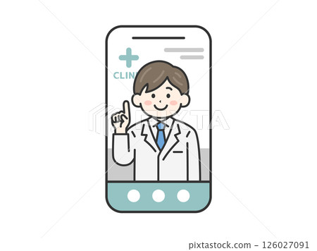 男醫師（線條畫顏色）透過智慧型手機進行線上體檢的插圖 126027091