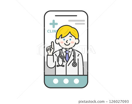 一位白人男醫生（線畫顏色）戴著聽診器透過智慧型手機進行線上醫療檢查的插圖 126027093