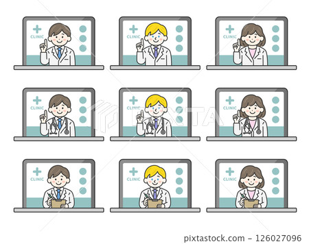 醫生（線畫顏色）在電腦上進行線上醫療檢查的插圖集 126027096