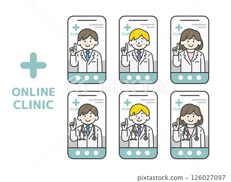 透過智慧型手機提供線上醫療的醫生（線畫顏色）插圖集 126027097