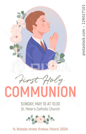 Square frame with first communion symbols. Vector. Composition from a golden bowl for wine, bread, wine, grapes, white roses. Beautiful design elements for an invitation to the Holy Eucharist. Square frame with first communion symbols. Vector. Composition from a golden bowl for wine, bread, wine, grapes, white roses. Beautiful design elements for an invitation to the Holy Eucharist. 126027101