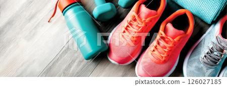 Colorful athletic shoes, water bottle, and dumbbells arranged on wooden floor, showcasing fitness gear and healthy lifestyle essentials for active individuals 126027185