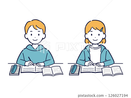 圖：微笑著在書桌前學習的孩子們 126027194