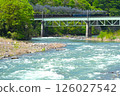A steam locomotive crossing the Tone River amidst fresh greenery 126027542