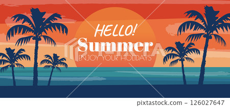 Summer horizontal sale banner. Shopping promotion poster template with retro tropical palm tree silhouettes and ocean sunset, invitation with vacation at island beach nature. Vector illustration. 126027647